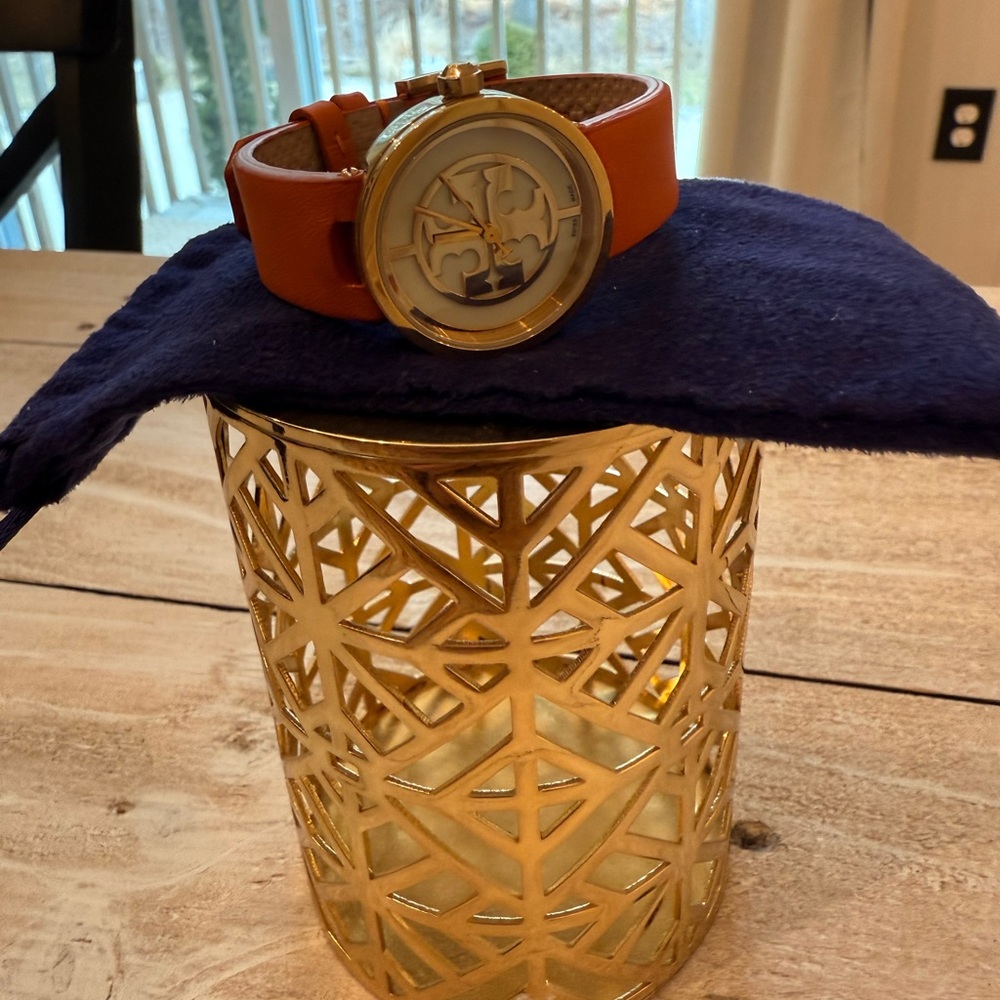 Tory Burch Orange Leather Strap Watch with Gold-Tone Logo Dial